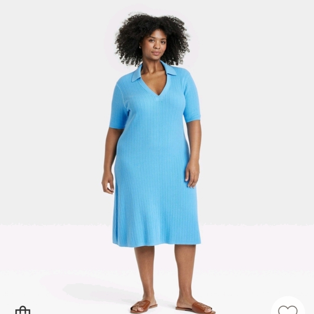 Women's Short Sleeve Ribbed Midi Sweater Dress - Ava & Viv Blue XXL